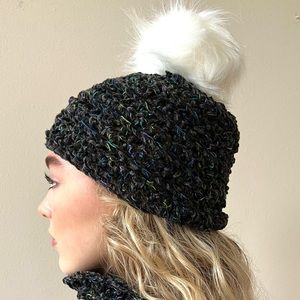 Hand-Crocheted Multicolor Winter Beanie Hat with White Faux Fur Pom